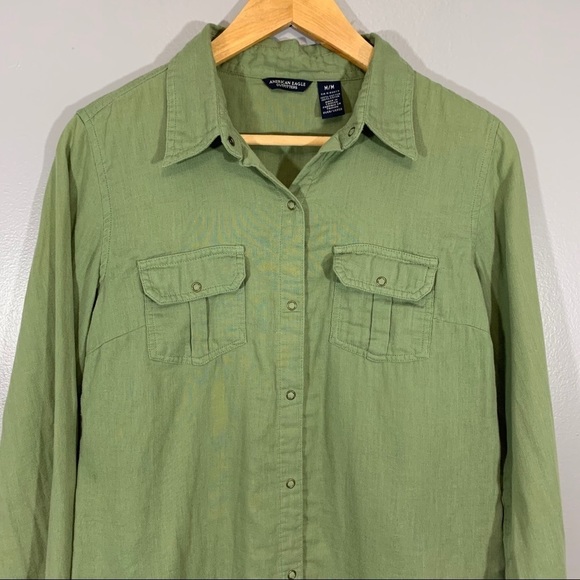 AMERICAN EAGLE | Army Green Button Up Shirt Casual Comfy Modern Boho​​ - Picture 4 of 6